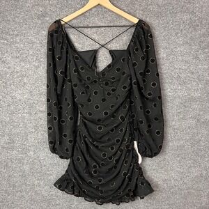 NEW‎ Lush Clothing Polka Dot Ruched Long Sleeve Mini Dress Criss Cross Back S
